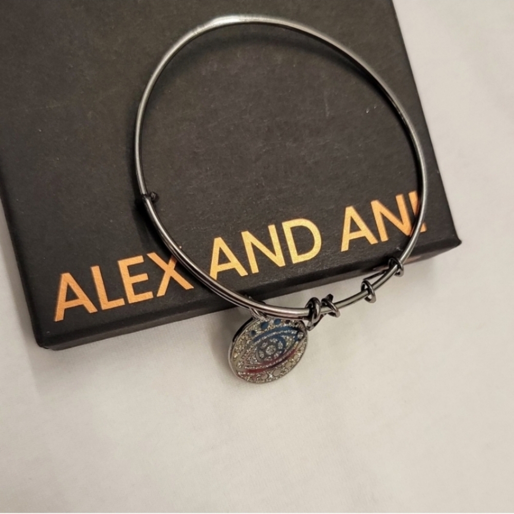ALEX AND ANI Color Infusion Midnight Silver Evil Eye Charm Expandable Bracelet